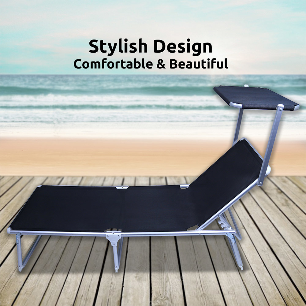 Deluxe Foldable Aluminium Frame Sun Lounge W/ Sun Shade Beach Chair Bed
