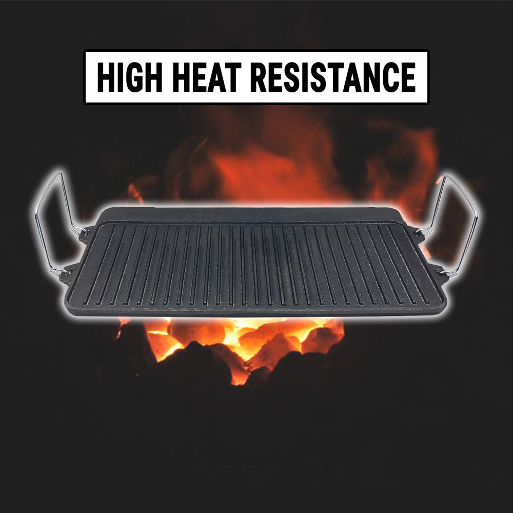 Reversible Cast Iron BBQ Plate W/ Handle Barbecue Hob Griddle Grill Pan
