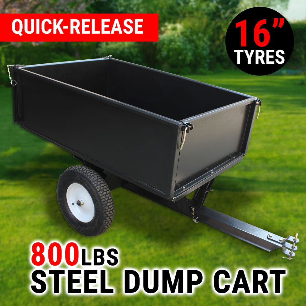 Steel Dump Cart 800 lb Garden Tipping Trailer ATV Ride Tow Behind Quad Tip