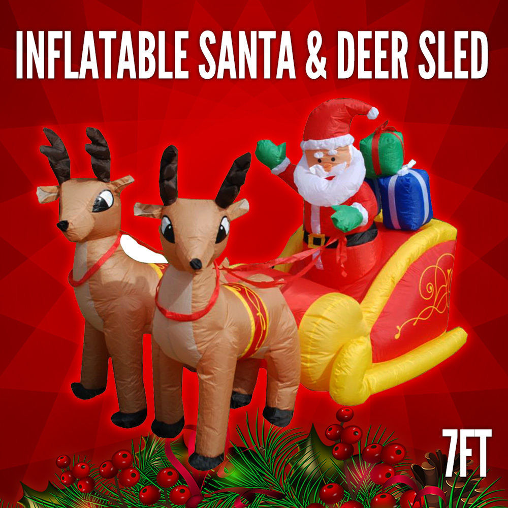 Inflatable Santa Sleigh Reindeer 7ft Xmas Decoration Deer Christmas
