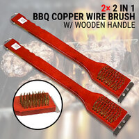 2PCS Copper Wire BBQ Brush W/ Scraper 2 In 1 Grill Wooden Long Handle Cleaning