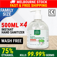 4×500ml Hand Sanitizer 75% Alcohol Sanitiser Gel Kill 99.99% of Germs Bacteria