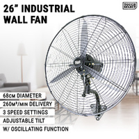 26" Industrial Wall Fan Air Cooling 3 Speed Tilt Oscillating 250W High Velocity