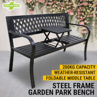 Steel Park Bench W/ Retractable Table Outdoor Garden Patio Loveseat Backyard