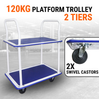 Platform Trolley 2 Tiers Handtruck Pushcart Steel Frame Load 120kg Service Cart