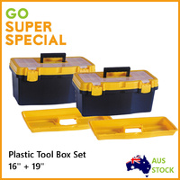 Tool Box Set Plastic 16&quot; + 19&quot; w/ 6 Compartments, Storage Organiser Box Case Bin