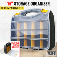 Double Sided Storage Organiser Plastic 15&quot; W/ 32 Compartments Tool Box Case Bin
