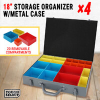 4× Storage Organiser 18&quot; Metal Case 20 Removable Plastic Bins Tool Box Organizer