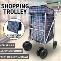 6 Wheels Collapsible Shopping Trolley Adjustable Handle Steel Basket Tartan Bag