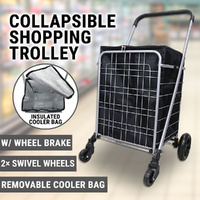 Collapsible Shopping Trolley W/ Insulated Cooler Bag &amp; Brake Steel Basket Cart