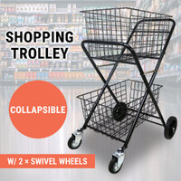 Shopping Trolley Double Basket Swivel Wheel Collapsible Shop Cart 2 Tier Tennis