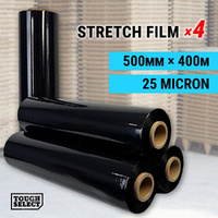 4 Rolls Stretch Film 500mm x 400m 25um Pallet Shrink Wrap Carton Hand Use Black