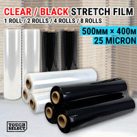 1/2/4/8 Rolls Stretch Film 500mmx400m 25um Pallet Shrink Wrap Carton Black Clear