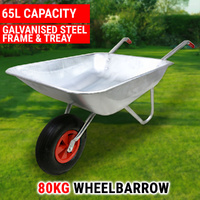 80KG Wheelbarrow 65L Galvanised Steel Tray Dump Cart Garden Trailer Wagon Lawn