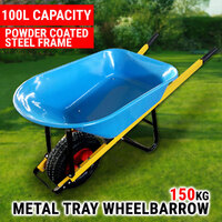 150KG Wheelbarrow 100L Metal Tray Pull Dump Cart Garden Hand Trailer Wagon Lawn