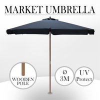 3m Wooden Pole Umbrella Outdoor Patio Deck Market Garden Wood Shade Cafe Black