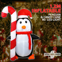 Inflatable Christmas Penguin &amp; Candy Cane 1.2M Xmas Decoration LED Light Gift