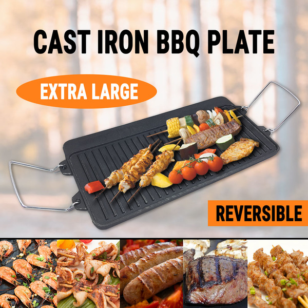 Reversible Cast Iron BBQ Plate W/ Handle Barbecue Hob Griddle Grill Pan Frying