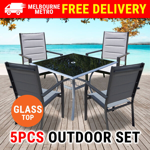 5Pcs Garden Setting Glass Top Table Padded Chairs Home Furniture Outdoor Patio