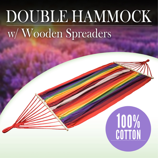 Double Hammock Wood Spreader Bar Cotton Fabric Outdoor Sleeping Bed Camping