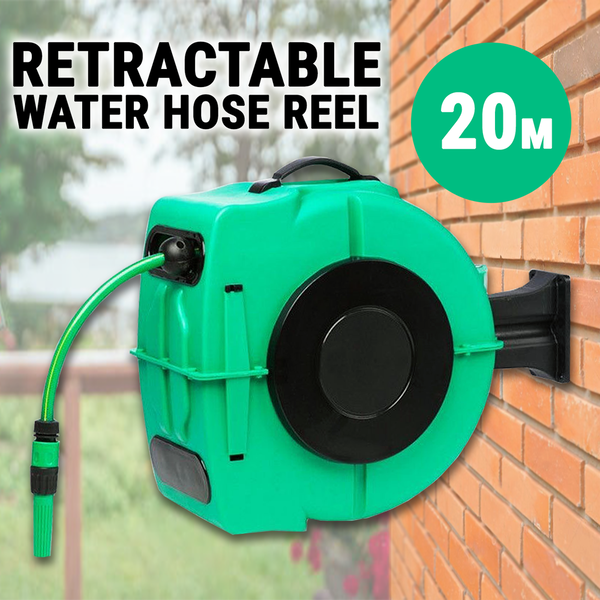 20m Water Hose Reel Retractable, Wall Mount Bracket Garden Watering Rewind Tool