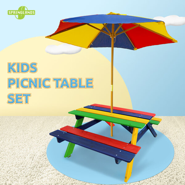 Kids Picnic Table Setting W/ Umbrella Wooden Children Garden Park Outdoor Kid
