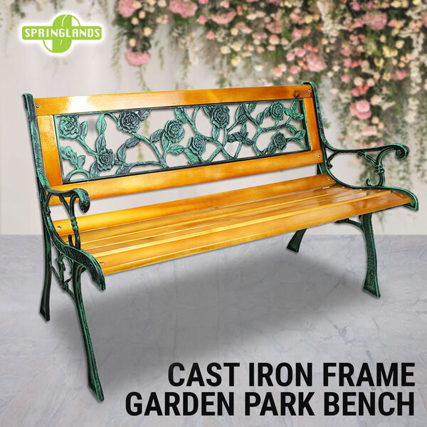 Garden Park Bench Cast Iron Hardwood Rose Outdoor Furniture Lounge Chair Seat