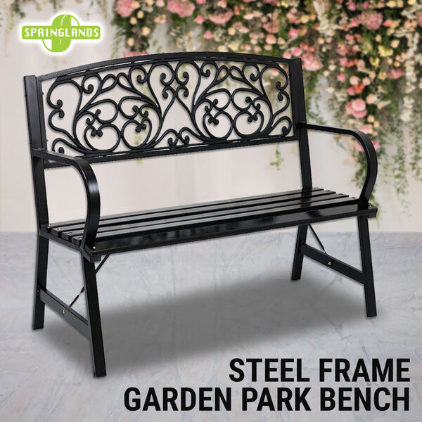 Park Bench Steel Frame, Outdoor Garden Seat, Timber Chair Furniture Black