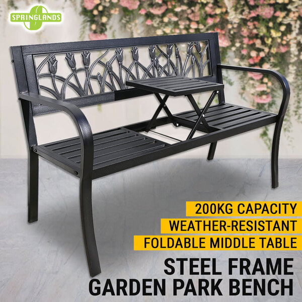 Steel Park Bench W/ Retractable Table Outdoor Garden Patio Park Chair Loveseat
