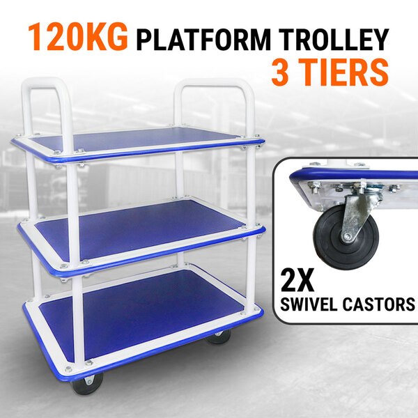 Platform Trolley 3 Tiers Handtruck Pushcart Steel Frame Load 120kg Service Cart