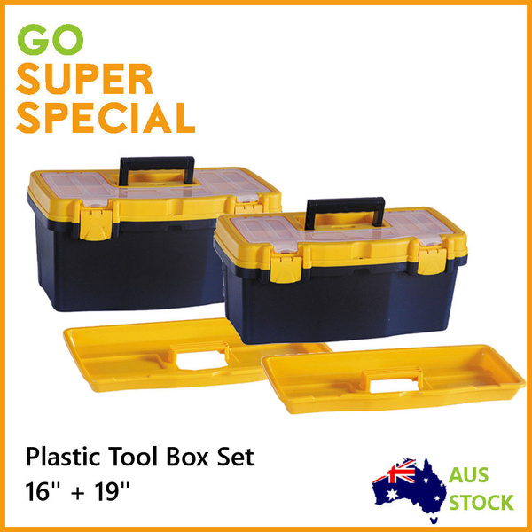 Tool Box Set Plastic 16" + 19" w/ 6 Compartments, Storage Organiser Box Case Bin