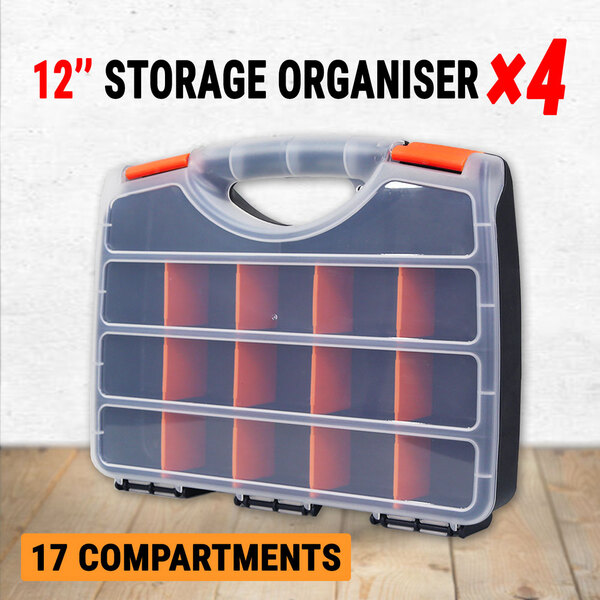 4× Storage Organiser Plastic 12" W/ 17 Compartments Tool Box Case Organizer Bin