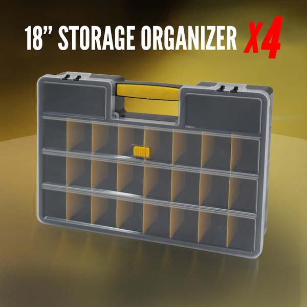 4× Storage Organiser Plastic 18" w/ 26 Compartments, Tool Box Case Organizer Bin