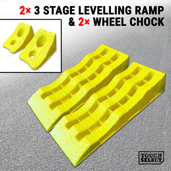 2x 3 Stage Level Levelling Ramp & 2x Wheel Chock Step Caravan RV Camper Trailer