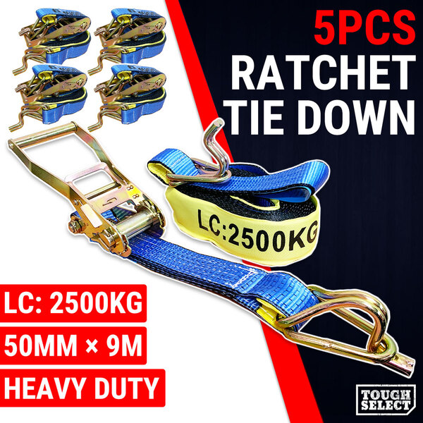 5PCS 2500KG Ratchet Tie Down Strap 50MM x 9M Heavy Duty AS/NZS 4380 Cargo Truck