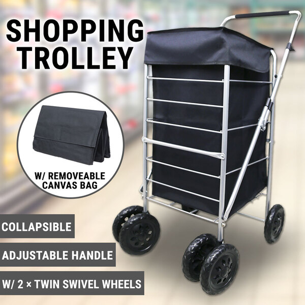 6 Wheels Collapsible Shopping Trolley Steel Basket Canvas Bag Adjustable Handle 