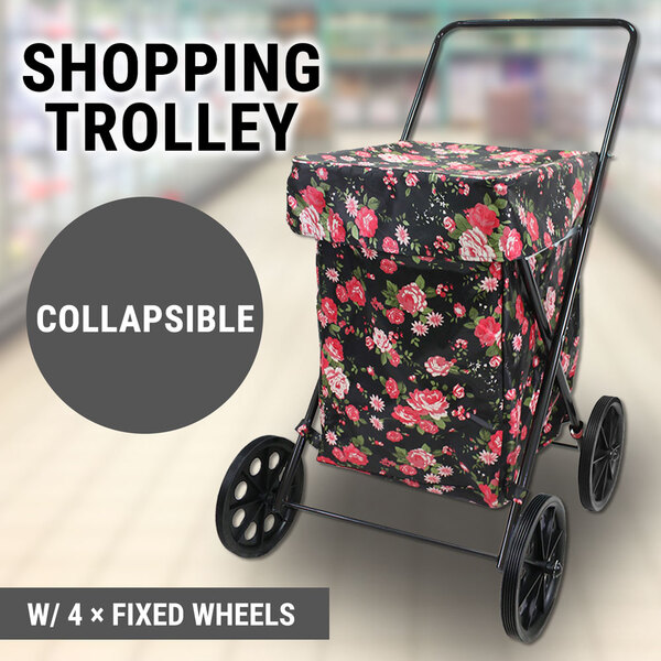 Extra Large Collapsible Shopping Trolley Fixed Wheels Water Resistent Flower