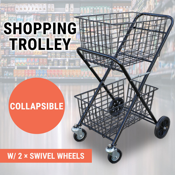 Shopping Trolley Double Basket Swivel Wheel Collapsible Shop Cart 2 Tier Tennis Ball Cart