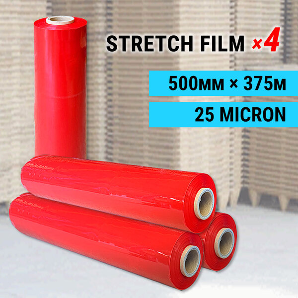4 x Stretch Film Red 500mm x 375m x 25mic Pallet Shrink Wrap Hand Carton Roll