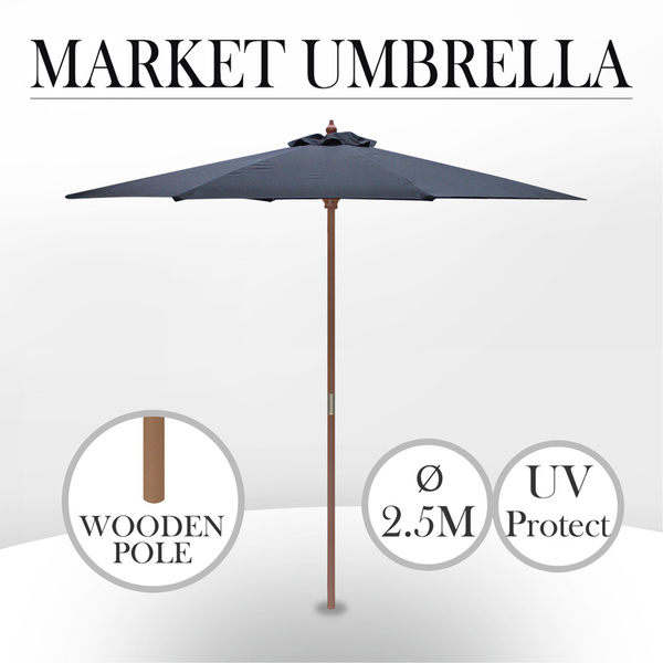 2.5m Wooden Pole Umbrella Outdoor Patio Deck Market Garden Wood Shade Cafe Black