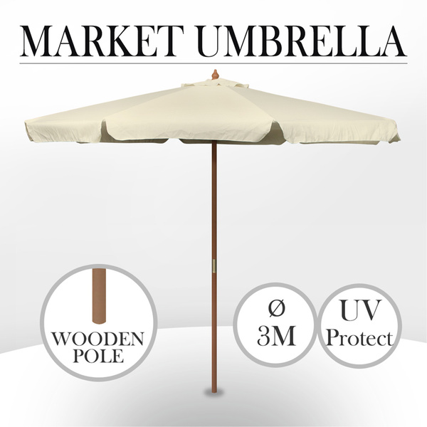 3m Wooden Pole Umbrella Outdoor Patio Deck Market Garden Shade Wood Cafe Beige