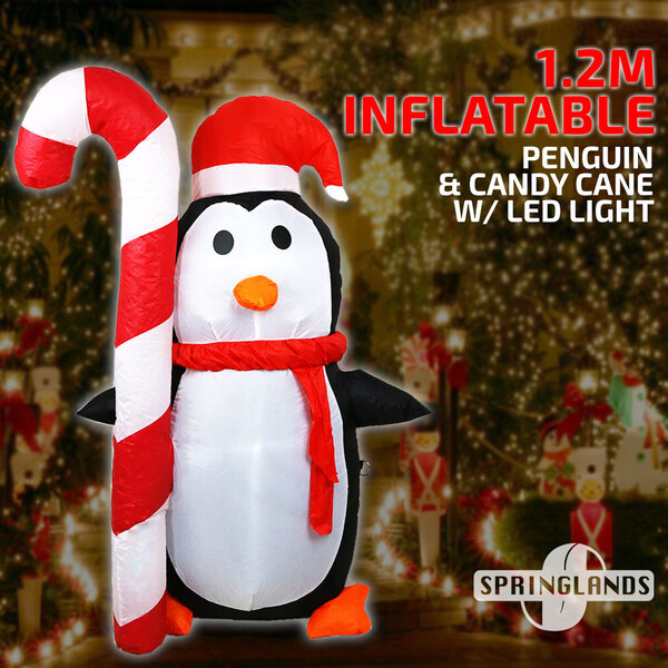Inflatable Christmas Penguin & Candy Cane 1.2M Xmas Decoration LED Light Gift