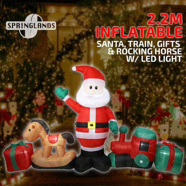 Inflatable Christmas Santa & Rocking Horse Train 2.2M Xmas Decor LED Light Gift