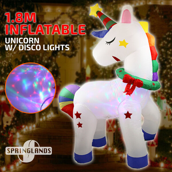 Inflatable Christmas Unicorn W/ Disco Lights 1.8M Horse Xmas Decoration Outdoor