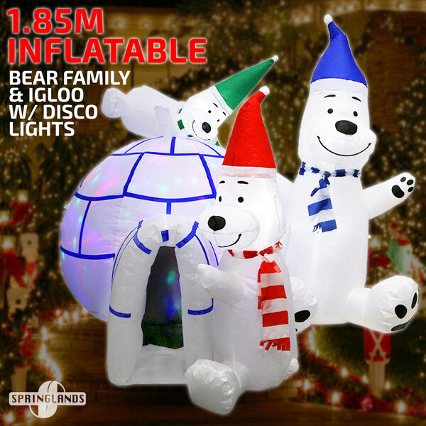 Inflatable Christmas Bear Family & Igloo W/ Disco Lights 1.85M Xmas Decor Gift
